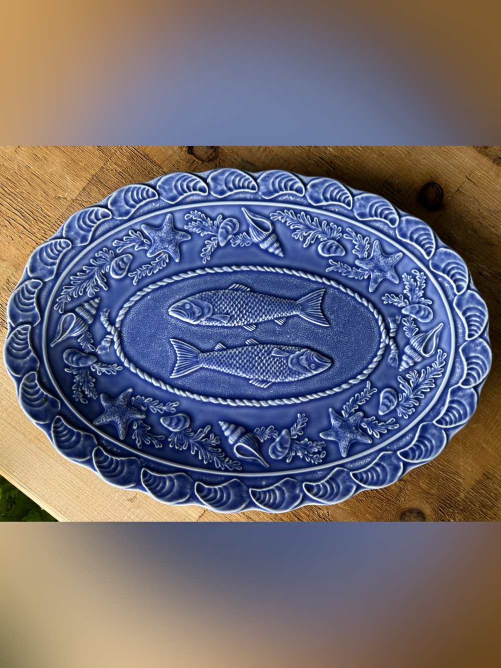 Vintage Bordallo Pinheiro Fish Seashell Blue Ceramic Large Oval Serving Platter